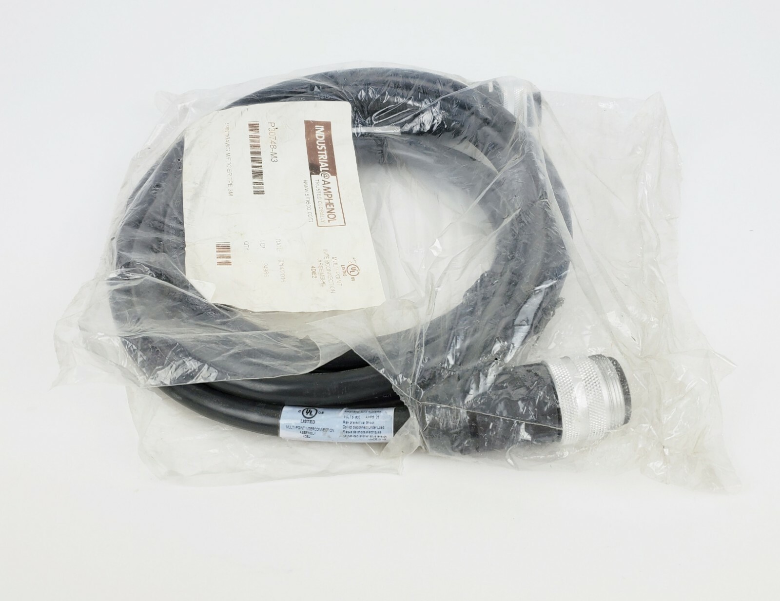 AMPHENOL P30748-M3 4 PIN, 10AWG, M/F, TC-ER, TPE 3M CABLE / CONNECTOR, NEW!