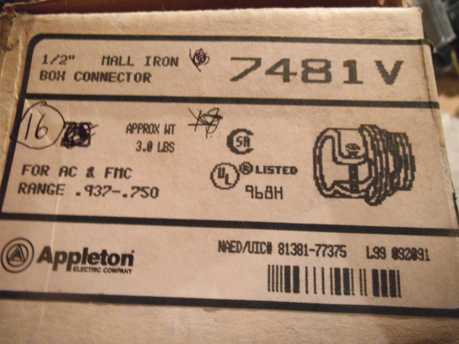 Qty=16: APPLETON 7481V 1/2″ MALL IRON BOX CONNECTOR AC/ FMC .937 – .750
