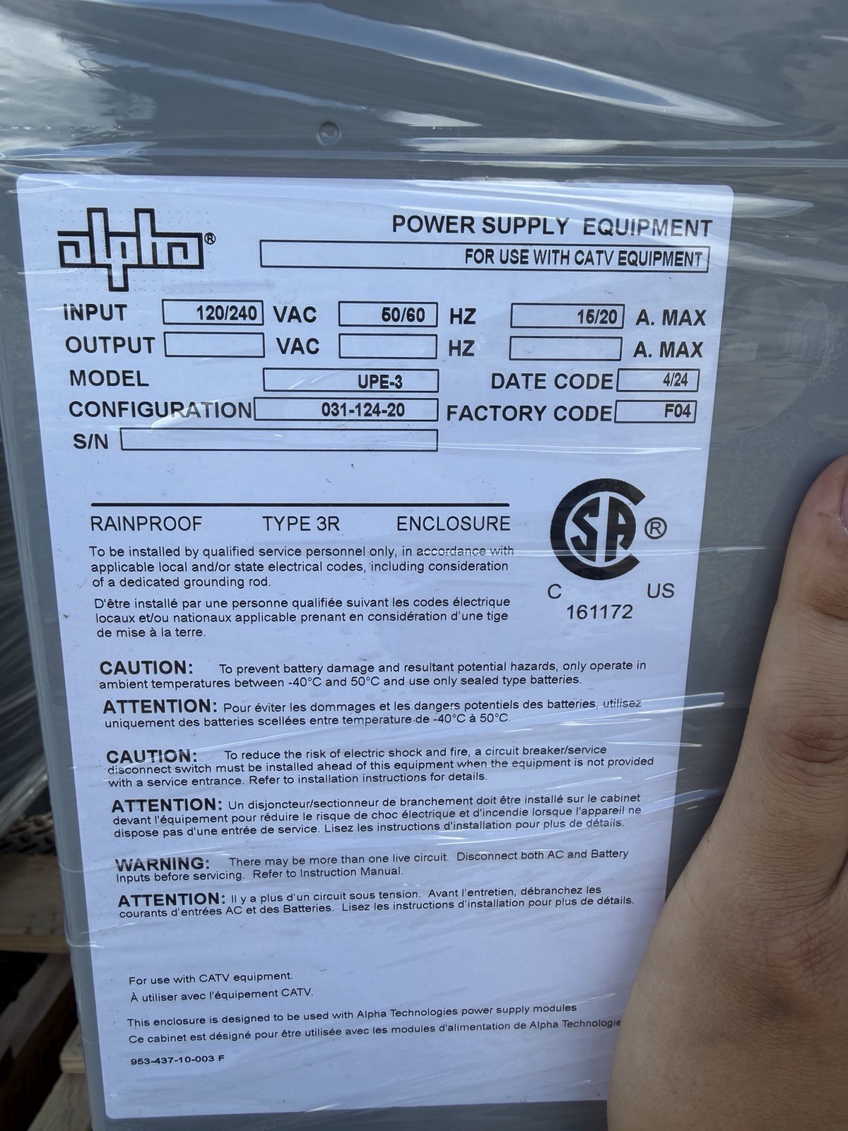 Alpha Power Supply Equipment Ground Enclosure Rainproof UPE-3G-1111-1N0 New
