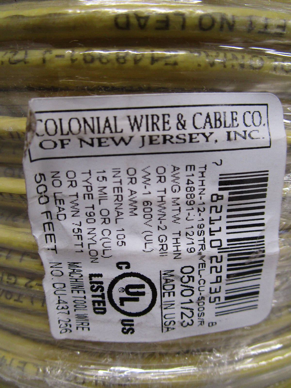 Colonial Wire & Cable E148891-J 12 Awg 600v-ac 500ft Yellow Machine tool wire