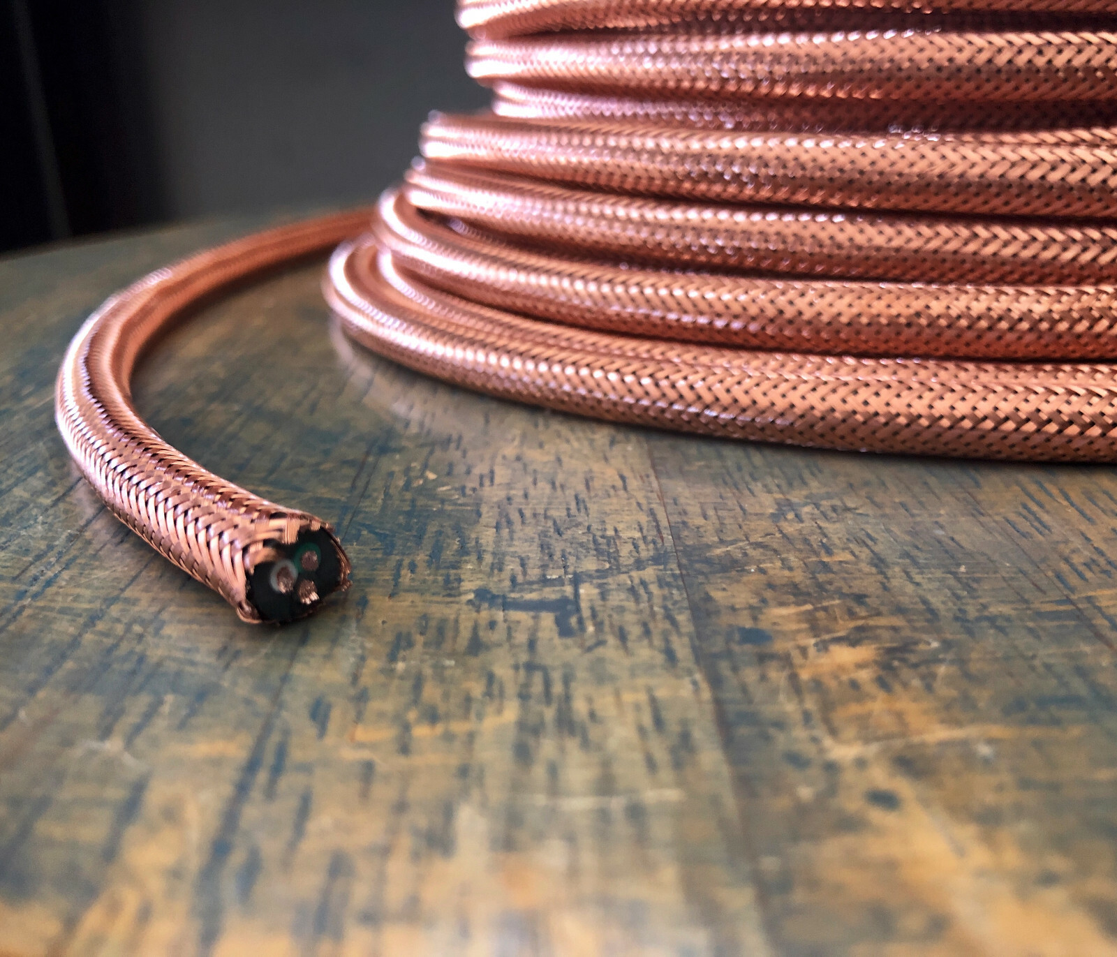 Copper Metal Covered Cord- Round 3wire Metal Braided Cable, Mesh Jack – Per Foot