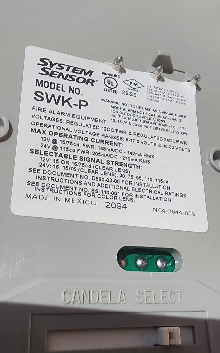 System Sensor SWK-P Amber Fire Alarm Horn Strobe 12/24V Selectable Candela
