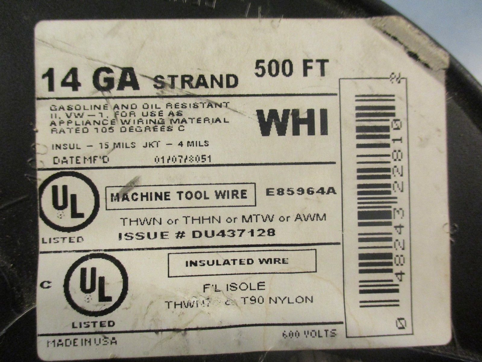 Cerrowire E85964A Insulated Machine Tool Wire 14 GA 500 FT Long White 600V