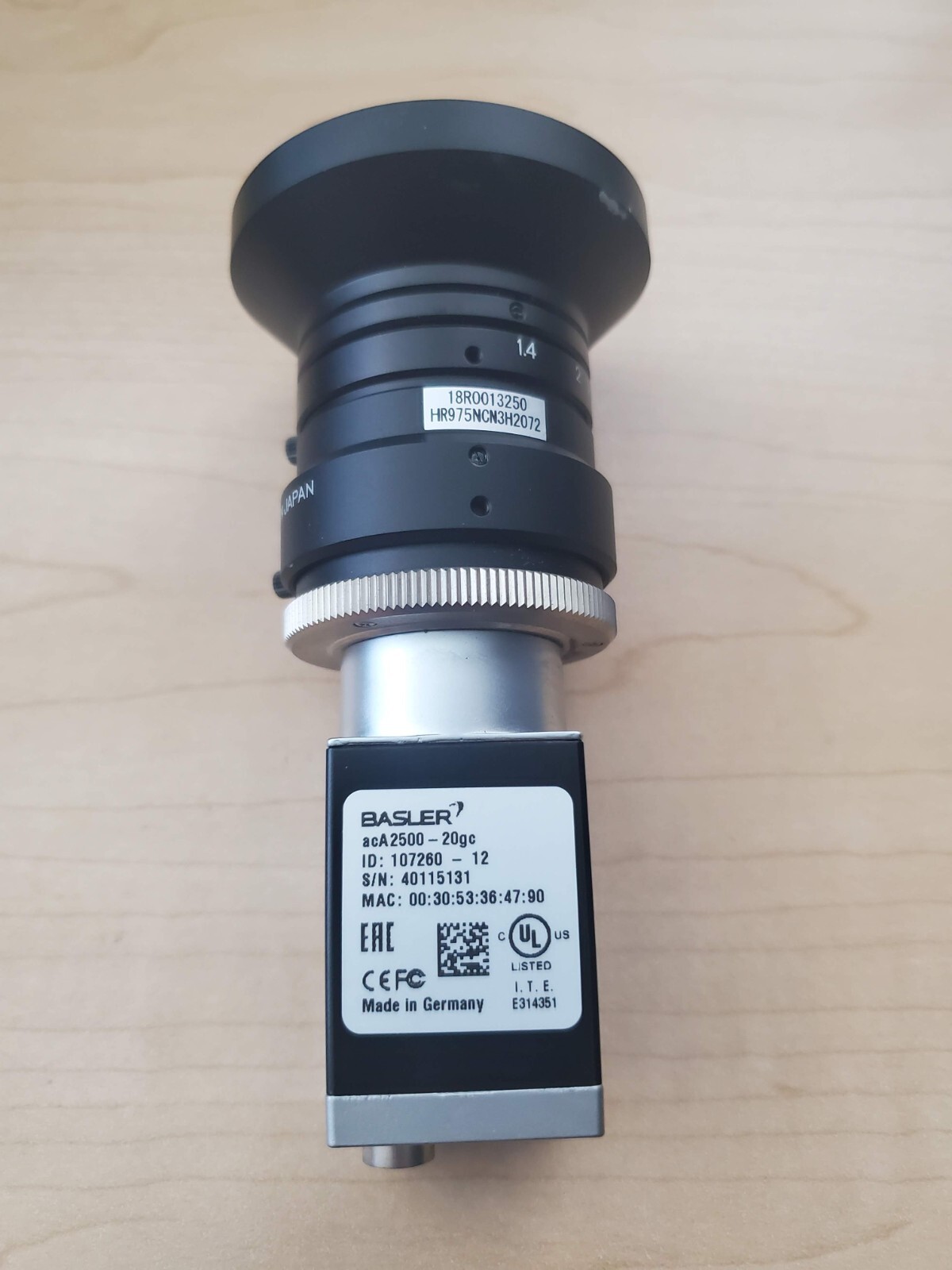 BASLER acA2500-20GC industrial camera with Kowa LM8HC F1.4 f8mm 1″ Lens