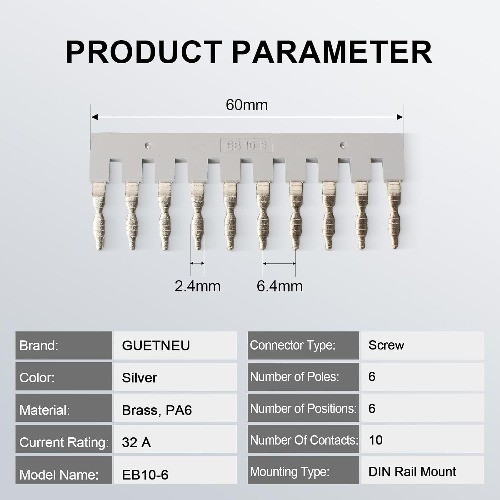 10 Pcs EB10 6 Terminal Bridge Connector DIN Rail Side Plug in Terminal Block
