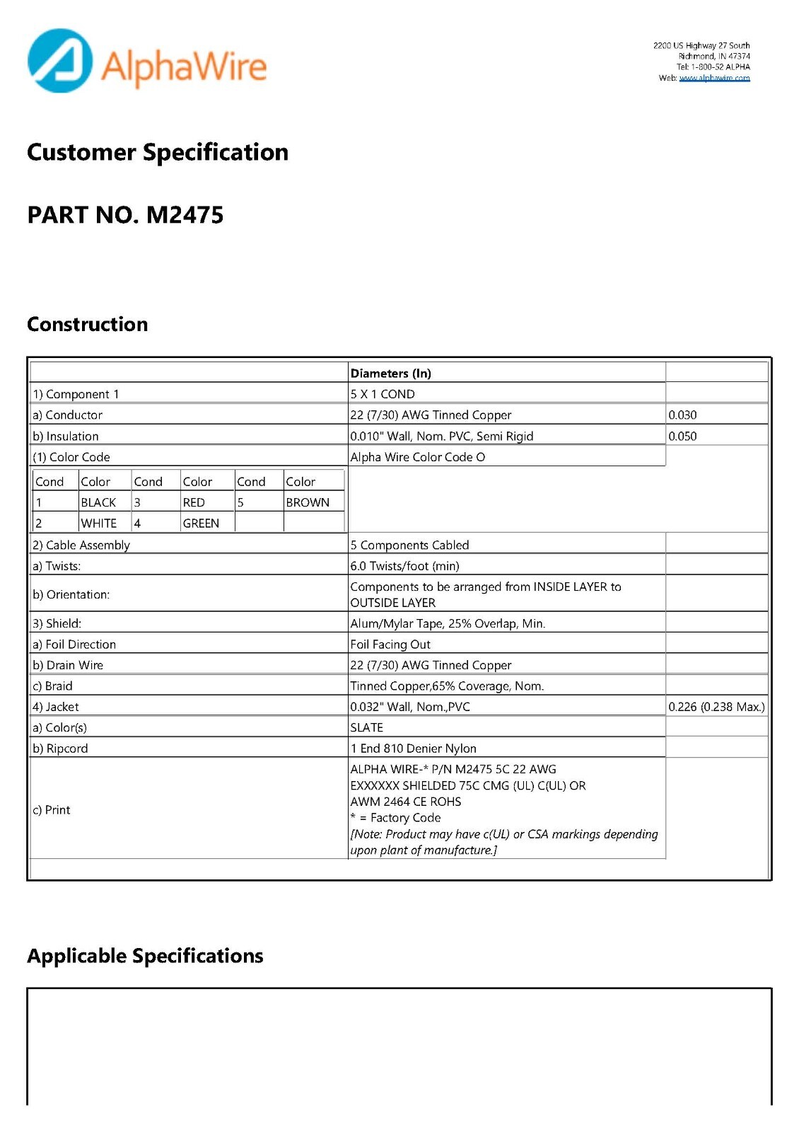 Alpha Wire M2475 22/5C Multi-Shielded Communication/Control/Computer Cable /25ft