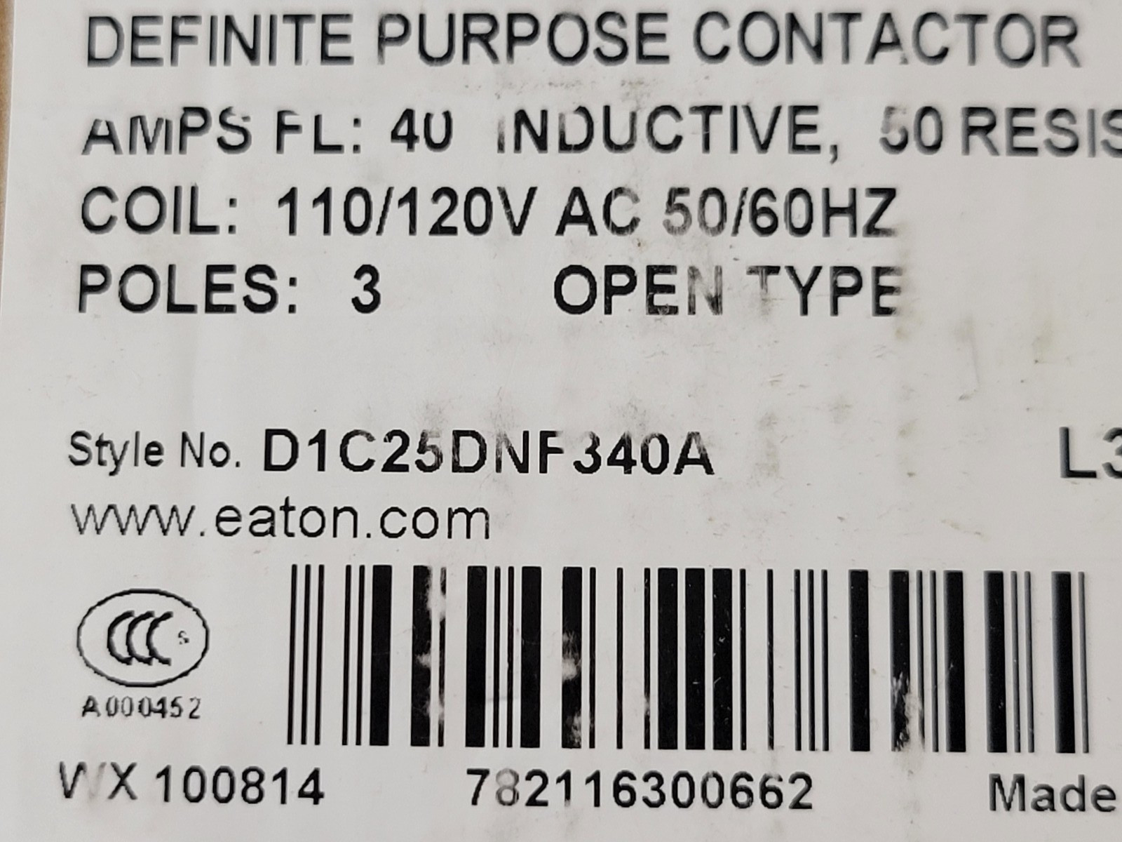 Eaton C25DNF340A 600V 40/60A Contactor New in Box style D125DNF340A Series D1