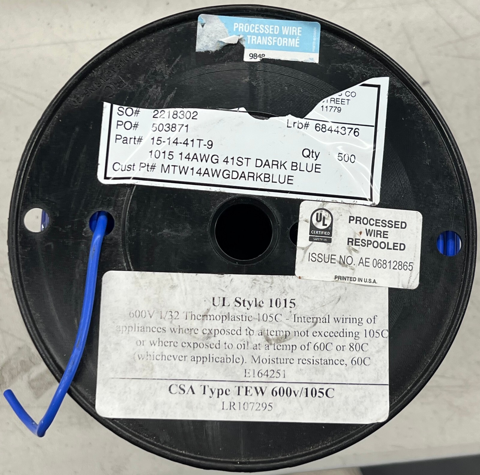 MTW14AWGDARKBLUE, TW, 14Awg Ul1015 600V Dark Blue , Lot of 500