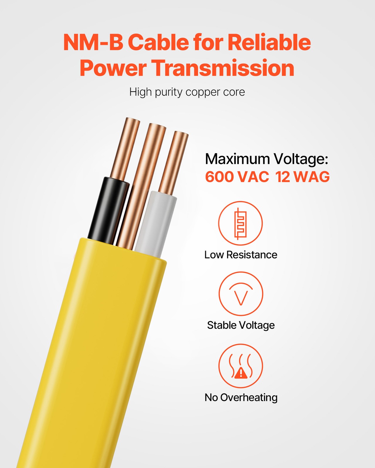 VEVOR NM-B Wire 12AWG/2C Copper Core Cable 100 ft Electrical Wire with Ground