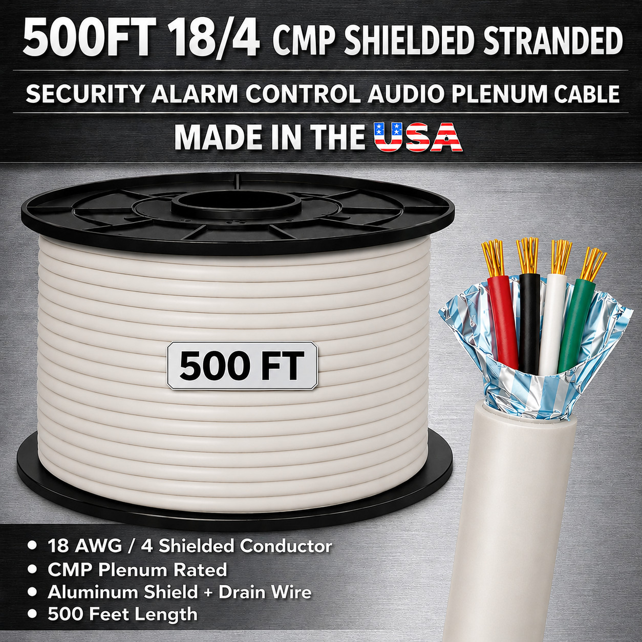 500FT 18/4 CMP Shielded Stranded Security Alarm Control Audio Plenum Cable