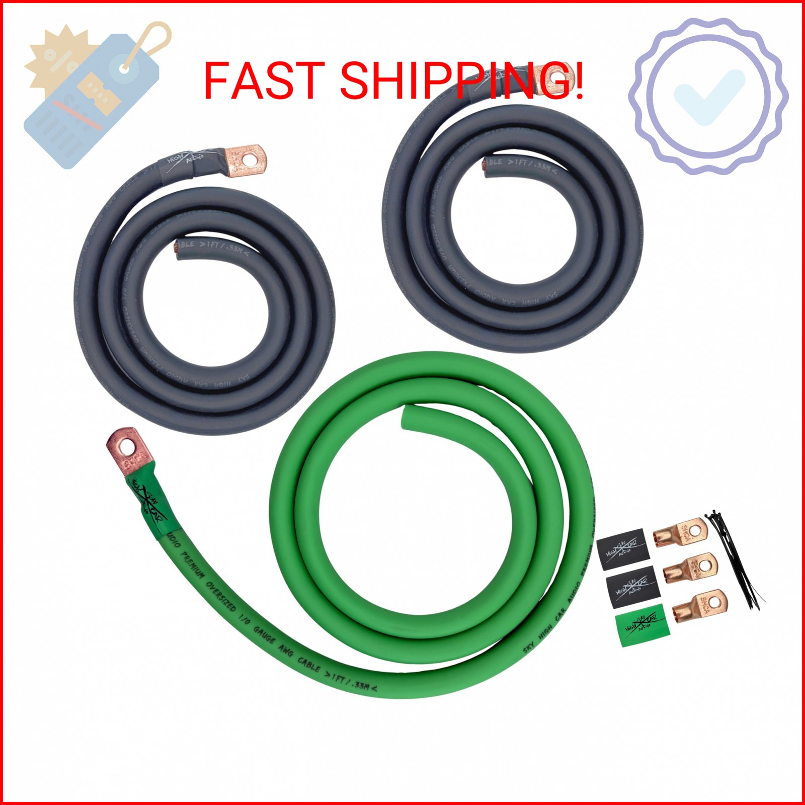 Sky High Oversized 1/0 Gauge AWG Big 3 Upgrade Green/Black Electrical Wiring Kit