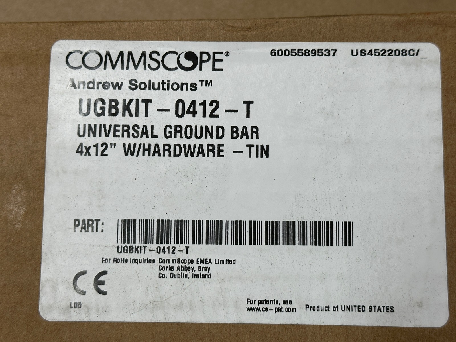 Commscope UGBKIT-0412-T Universal Tinned Copper Ground Bar Lug w/ Hardware 4×12″