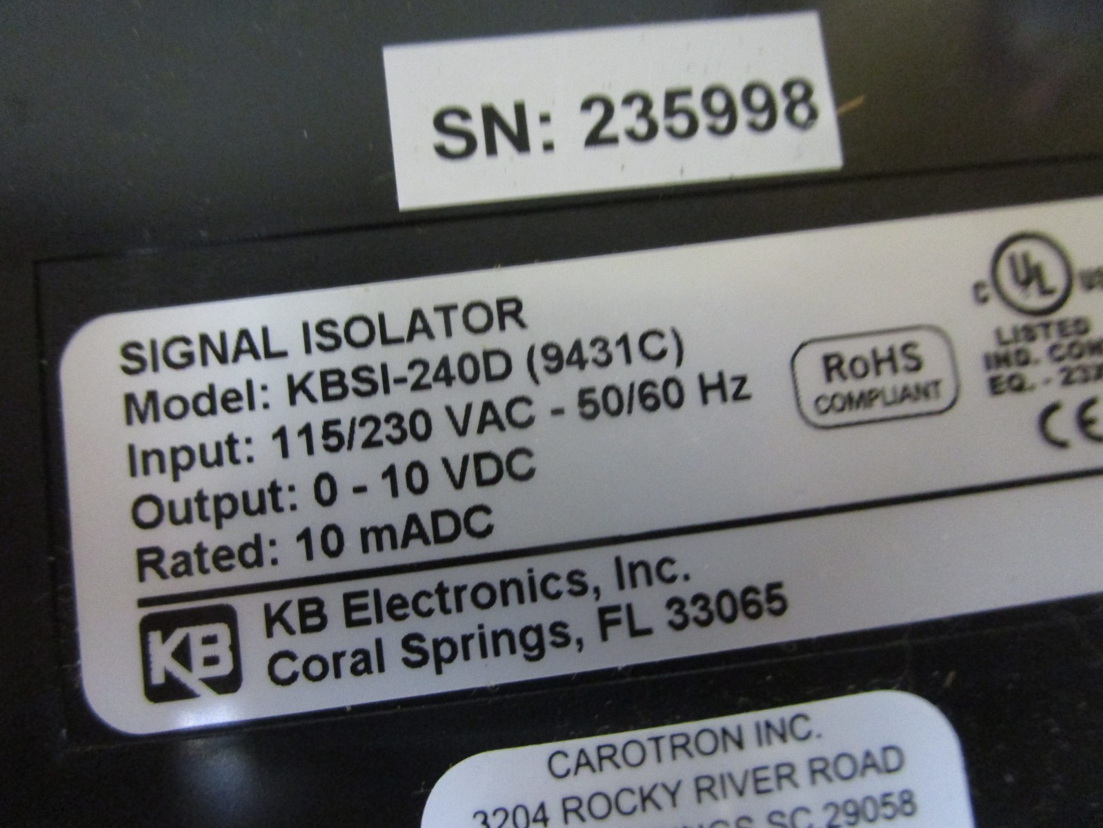 KB Electronics KBSI-240D (9431C) Signal Isolator 115/230Vac 10mADC 0-10Vdc