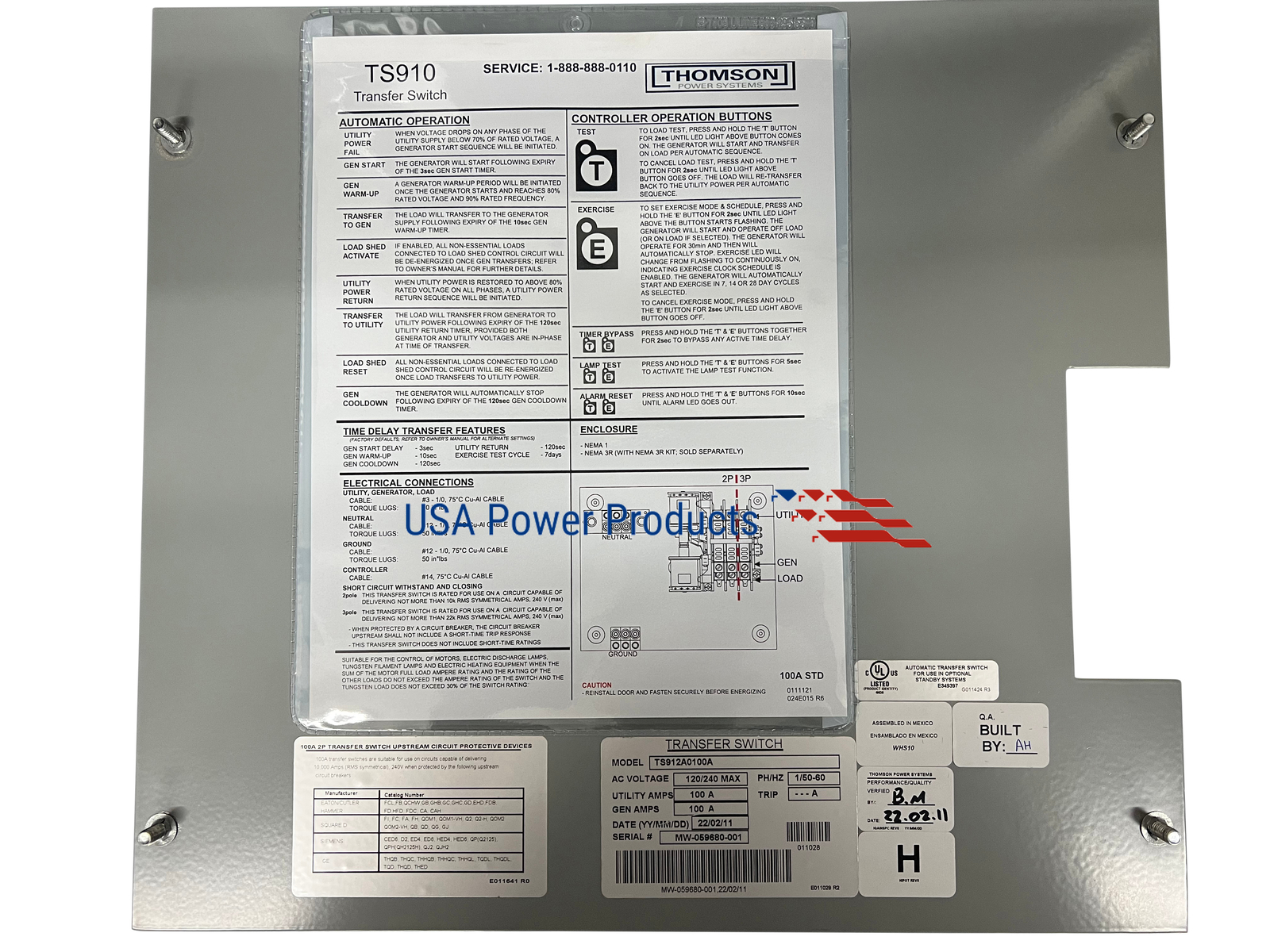 Thomson 100 Amp 2 poles NEMA 3R Outdoor – Automatic Transfer Switch 208-240v