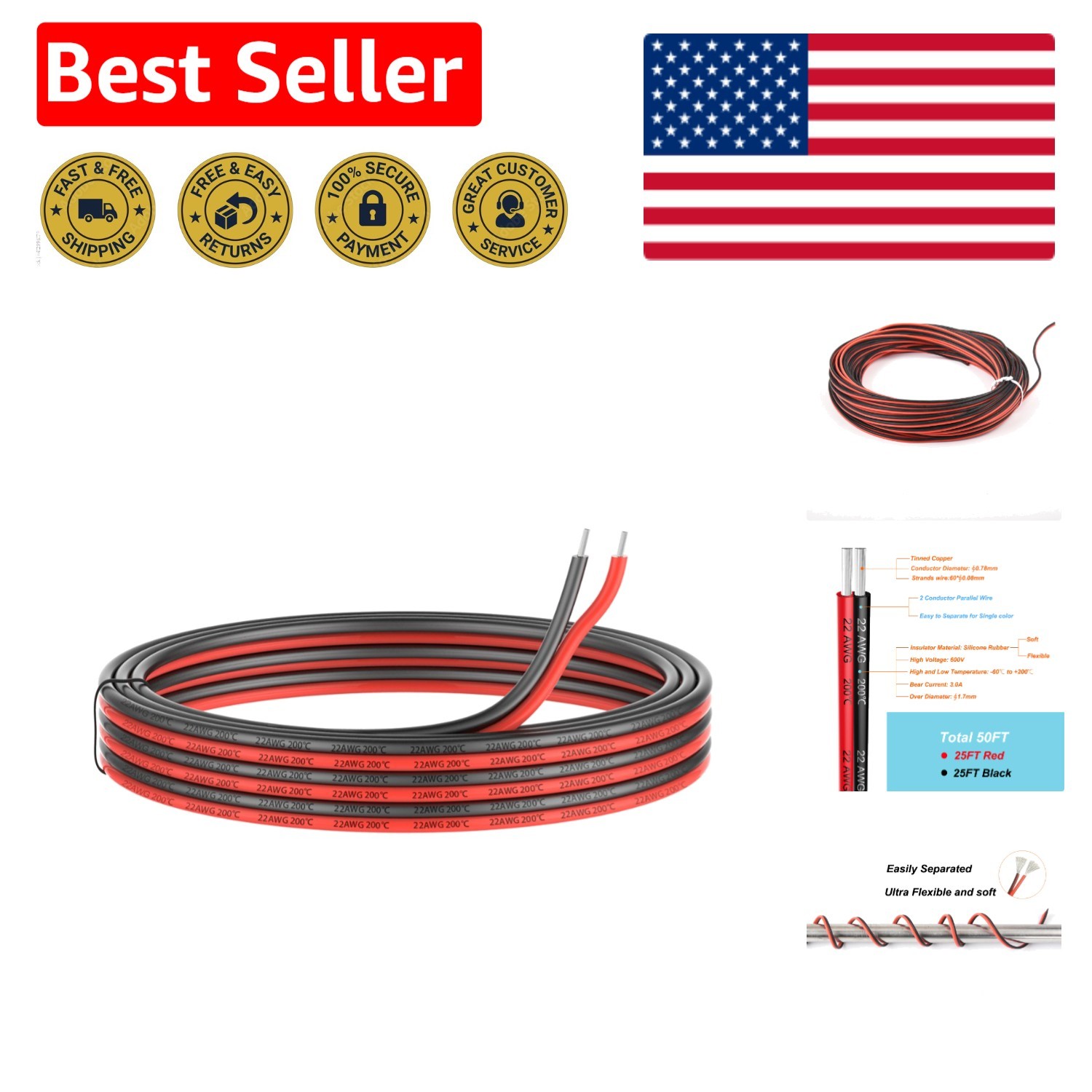 Durable 22 AWG Silicone Wire – 50ft Black & Red Tinned Copper for DIY Projects