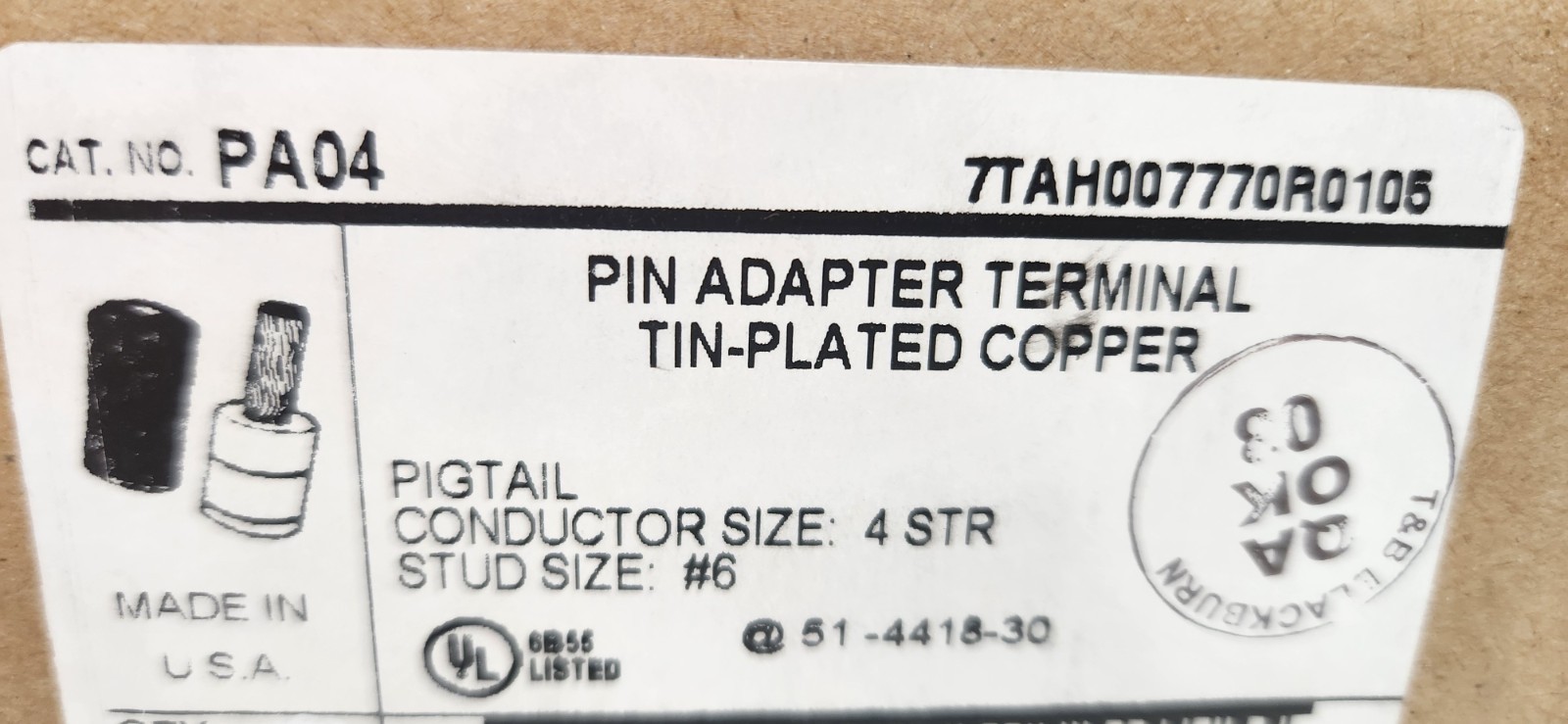 T&B Blackburn Aluminum Pin Adapter Terminal, Wire Size 4 Str, Tin Plated.