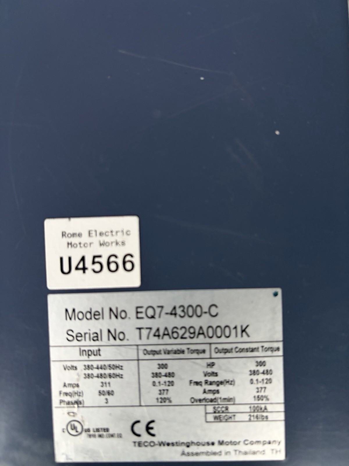 300 HP VFD TECO Westinghouse EQ7-4300-C 480 V 377A VFD EQ7 Series