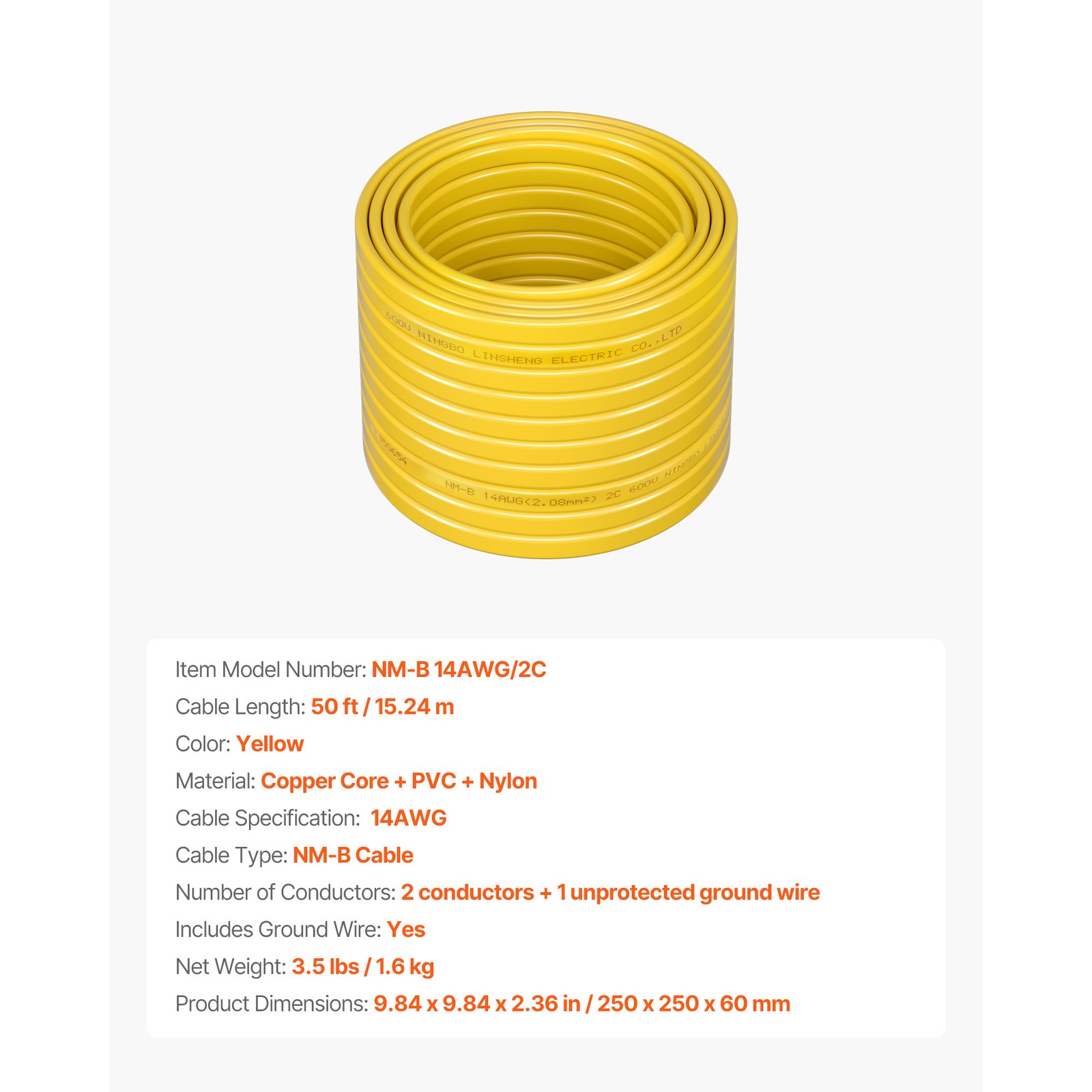NM-B Wire 14AWG/2C Copper Core Cable 50 ft Electrical Wire with Ground