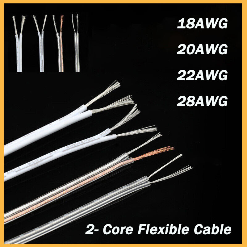 2- Core PVC Flexible Cable 18/20/22/28 AWG Stranded Electrical Flex Wire UL2468