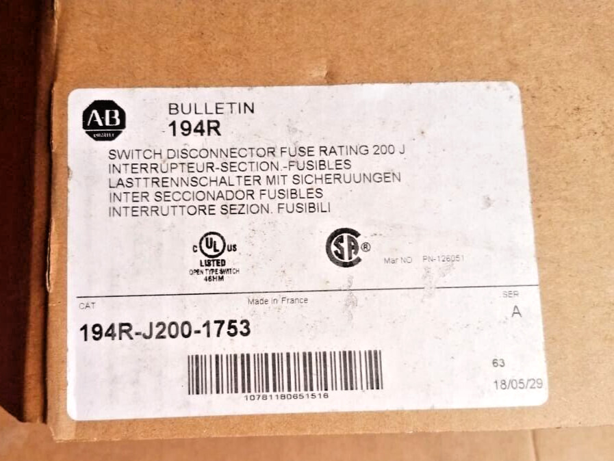 1PC- Allen-Bradley 194R-J200-1753 SER A, Switch Disconnector Fuse- Brand New
