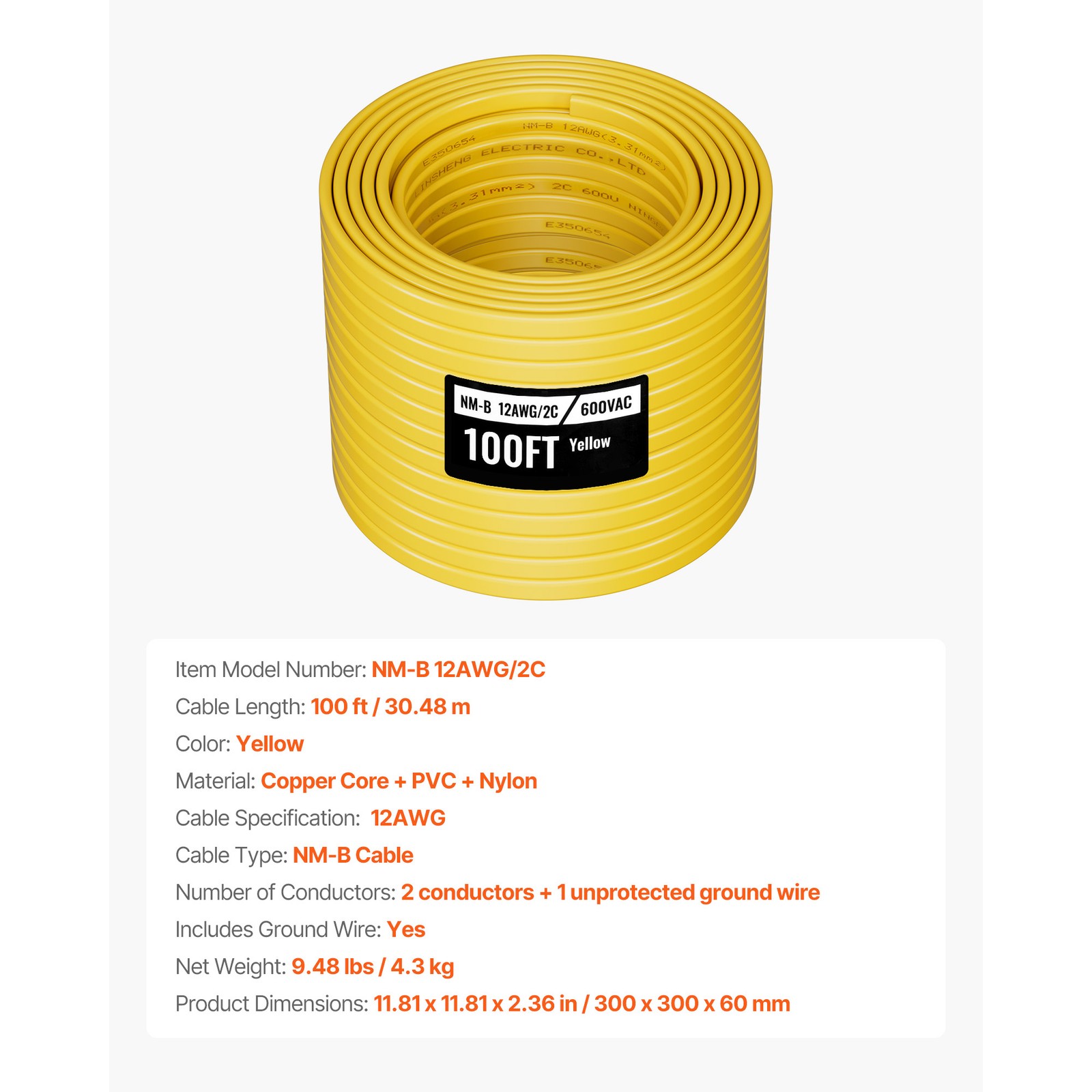 NM-B Wire 12AWG/2C Copper Core Cable 100 ft Electrical Wire with Ground