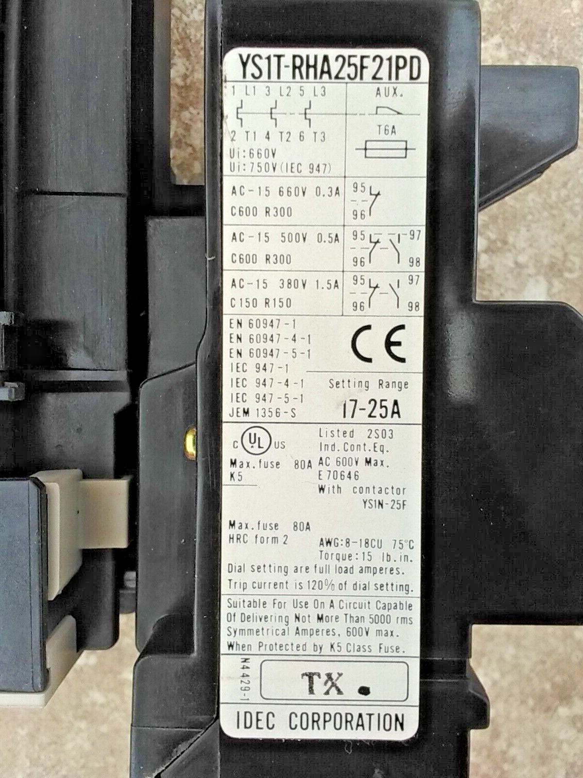 YS1T-RHA25F21PD & YS3N-9FG2 IDEC DIN Rail Thermal Overload Relay