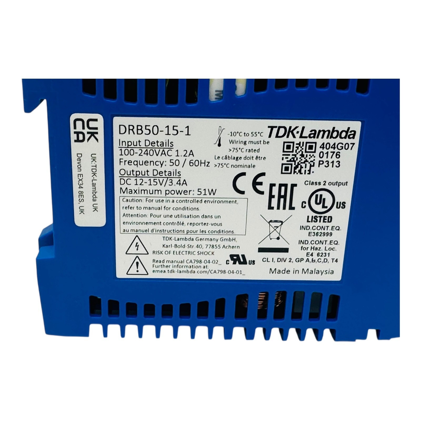 TDK-LAMBDA DRB50-15-1 DIN Rail Power Supplies 51W 115-230VAC 15V 3.4A NEW/NOS