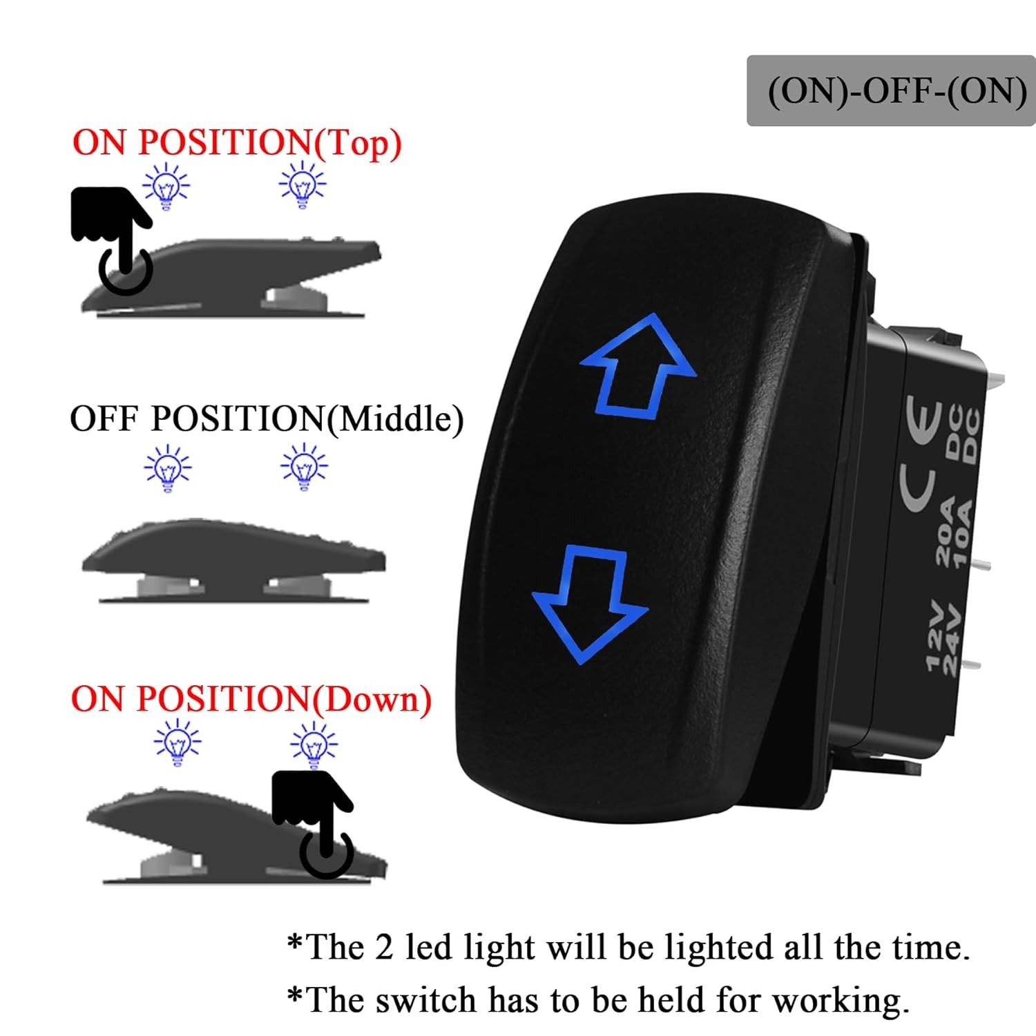 Blue LED Waterproof Momentary Rocker Switch 10 Pin ON Off ON DPDT 3 Position