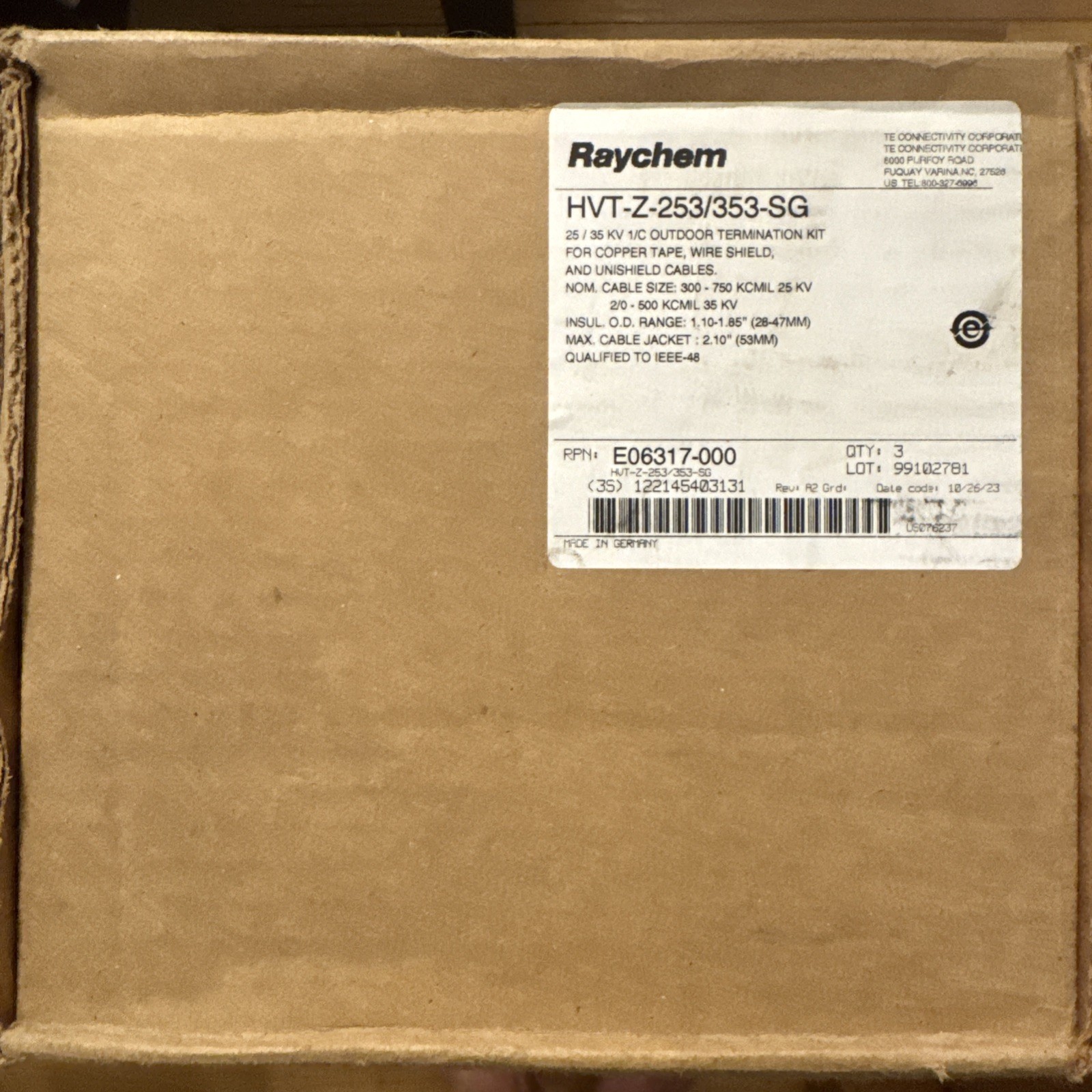 Raychem HVT-Z-253/353-SG, Outdoor Termination Kit, NEW, NEVER OPENED BOX OF 3