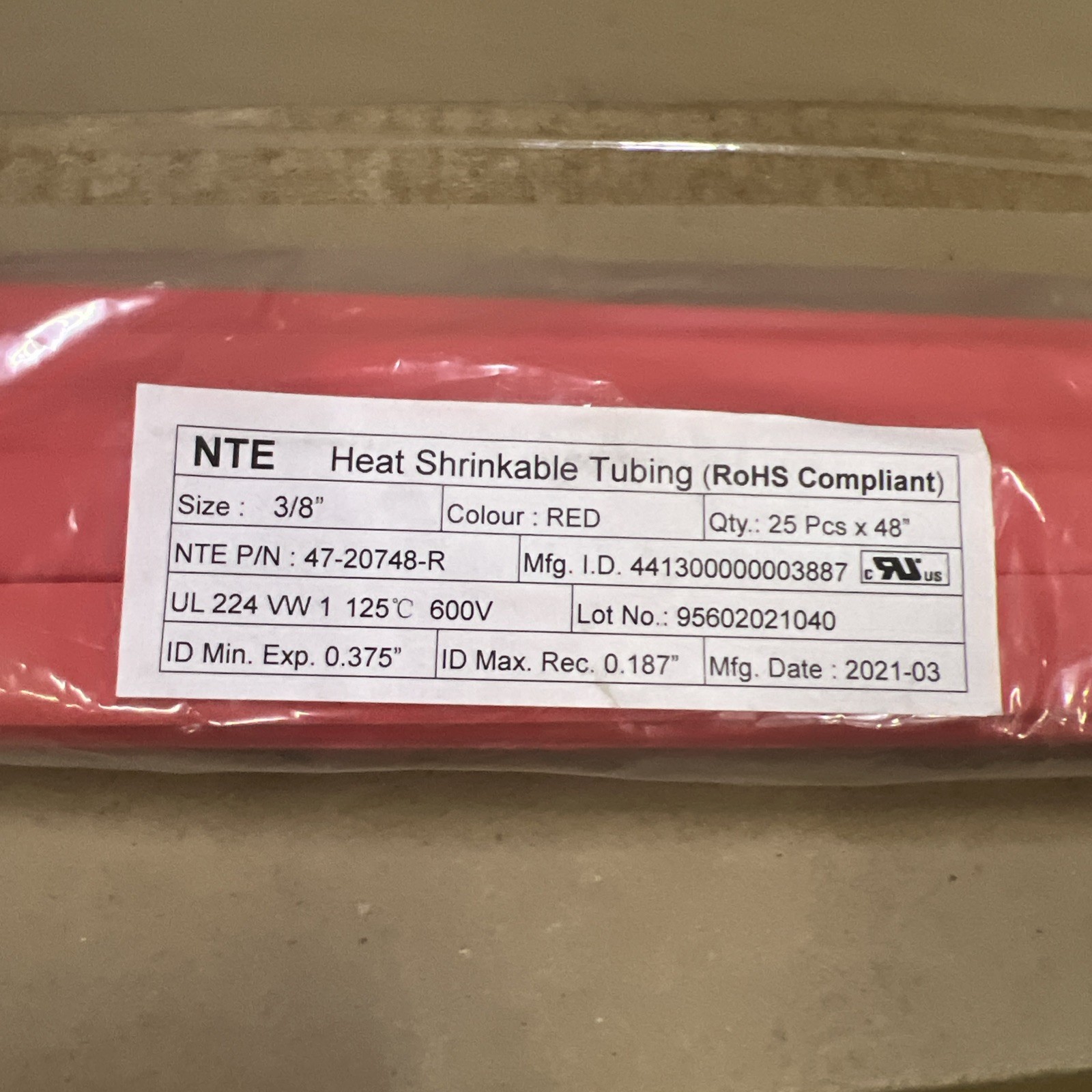 47-20748-R – NTE – THIN WALL HEAT SHRINK TUBING 2:1 SHRINK RATIO – 3/8″ x 48″ –