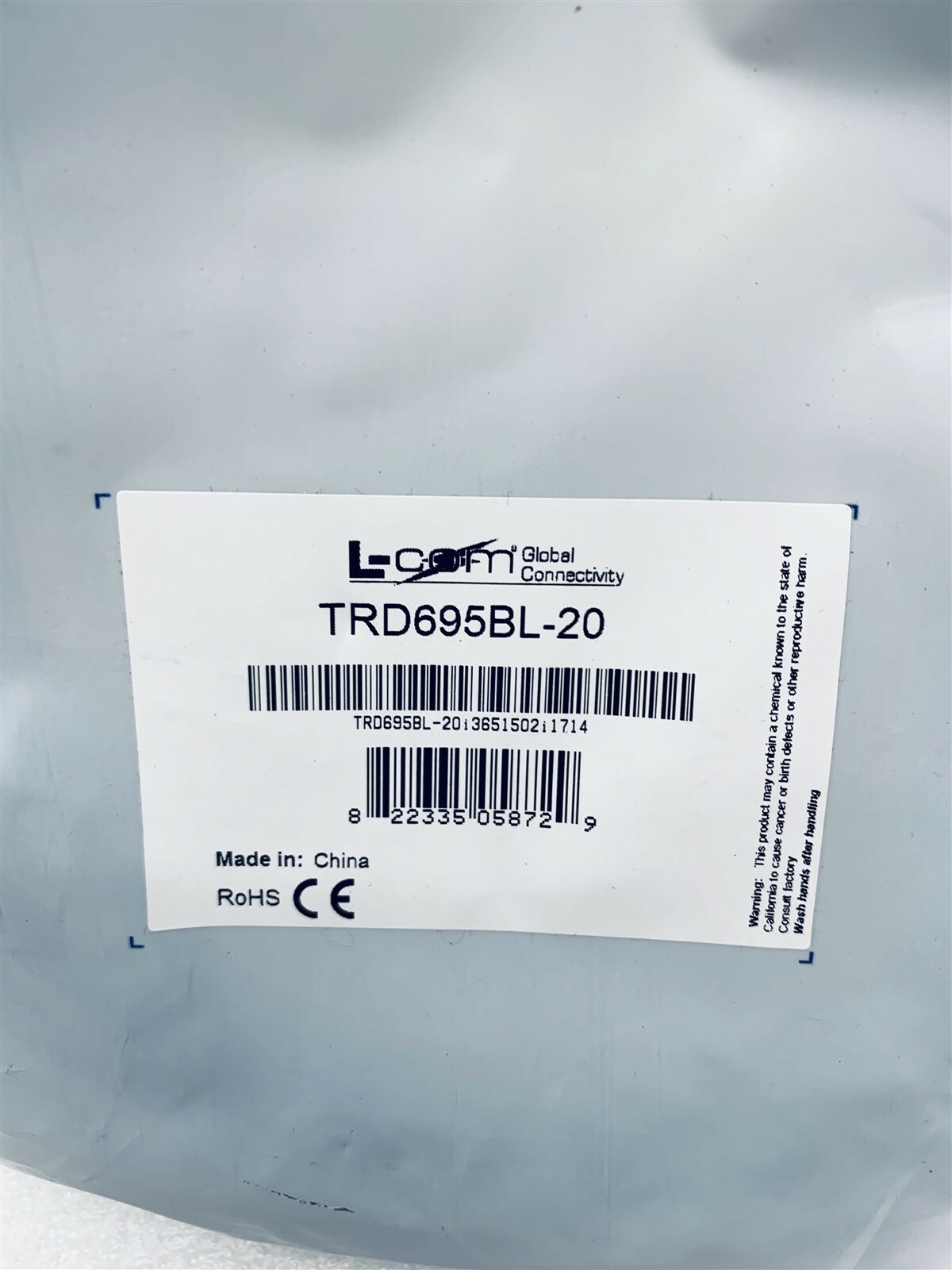 LOT OF 4 L-COM TRD695BL-20 Premium Cat 6 Cable, RJ45 / RJ45, Blue 20.0 ft NEW