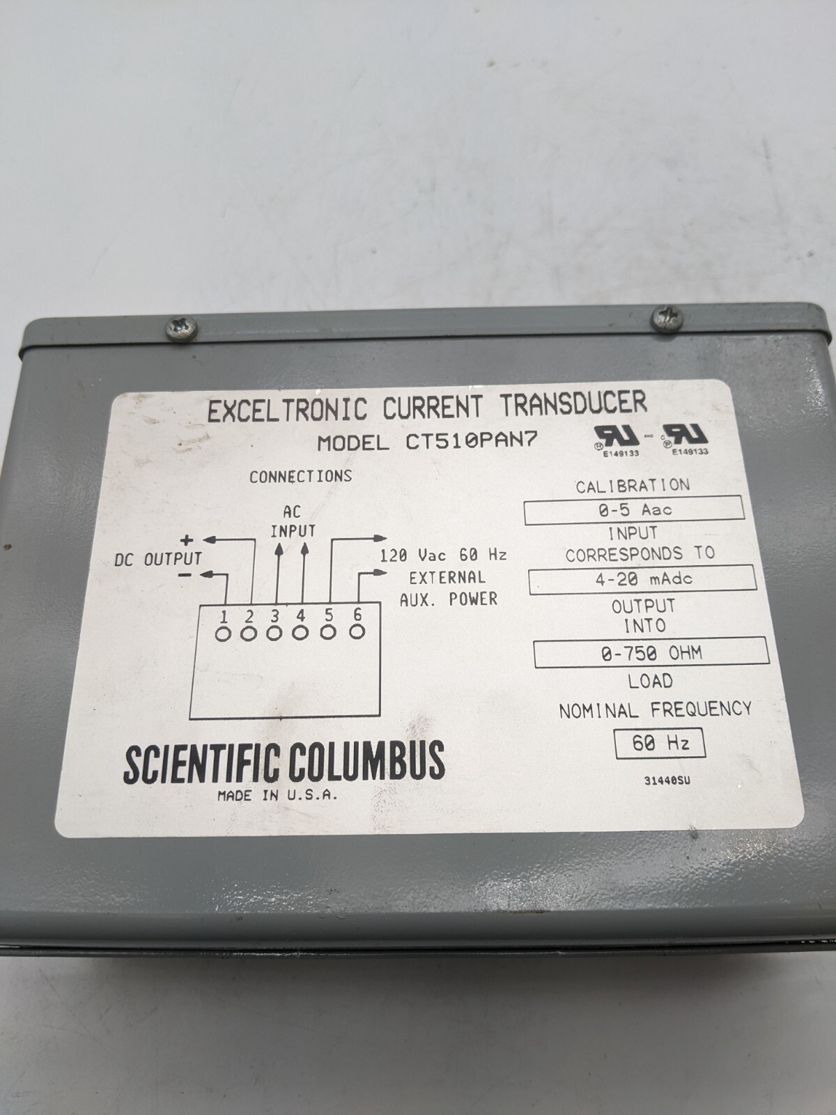 Scientific Columbus CT510PAN7 Exceltronic Current Transducer Gray 0-750 Ohm 60Hz