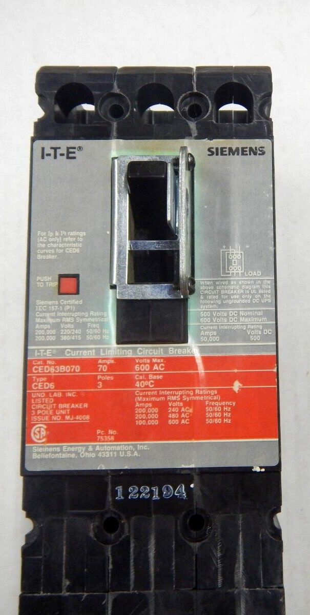 ITE / Siemens CED63B070 MCCB 3 pole 70 amp 600v 200kA USED