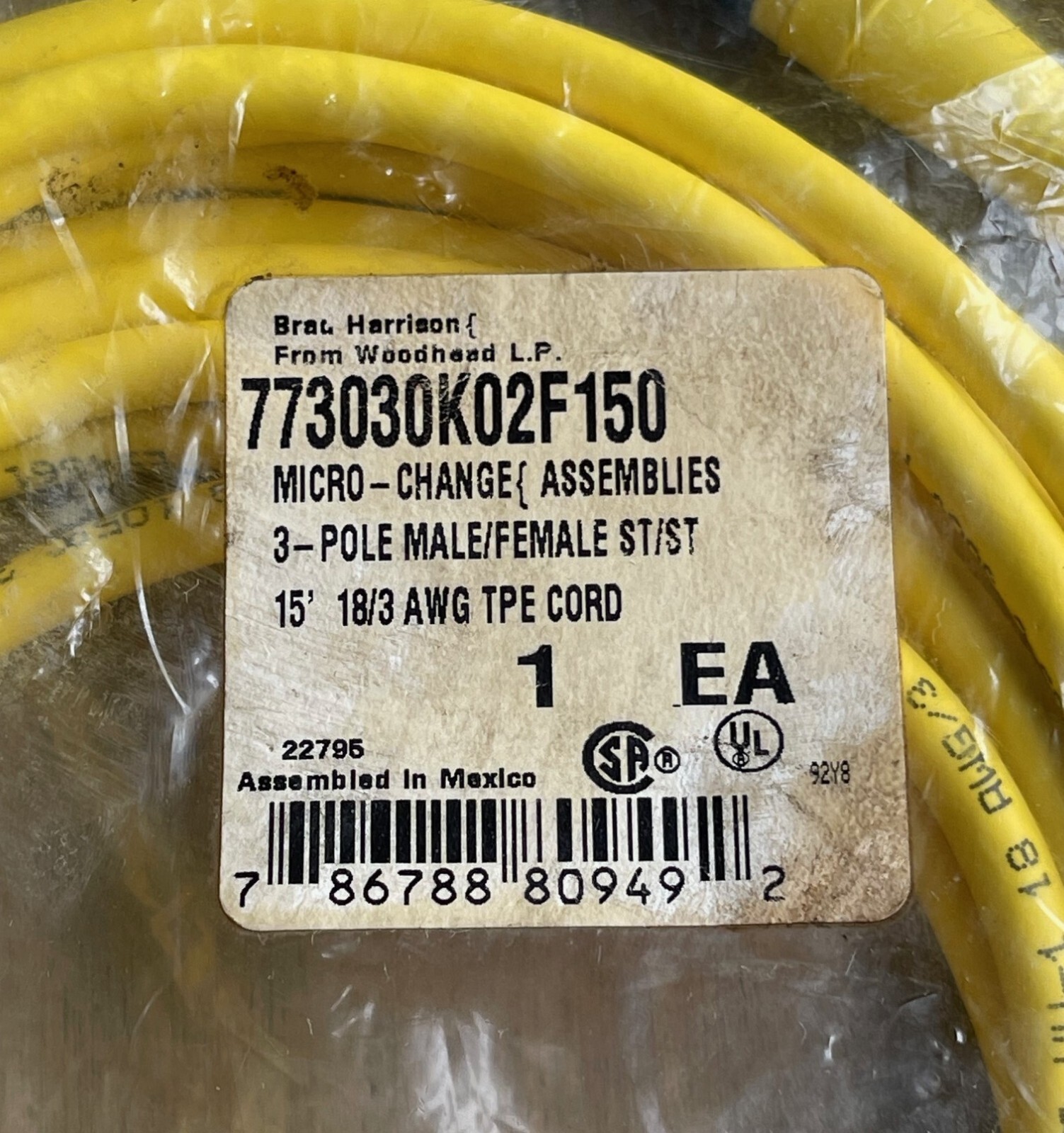 BRAD HARRISON WOODHEAD 773030K02F150 MICRO-CHANGE 3P M/F CORDSET 15′ 18/3AWG NEW