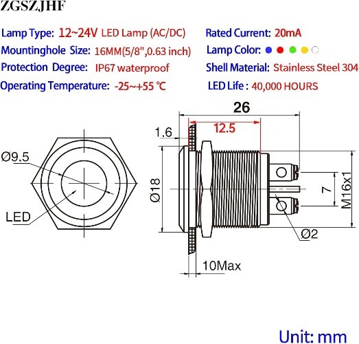 16mm 12V 24V LED Indicator Light, Frosted Surface, Waterproof Screw Terminal