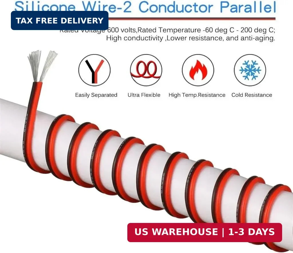 BNTECHGO 22 Gauge Flexible 2 Conductor Parallel Silicone Wire Spool Red Black Hi
