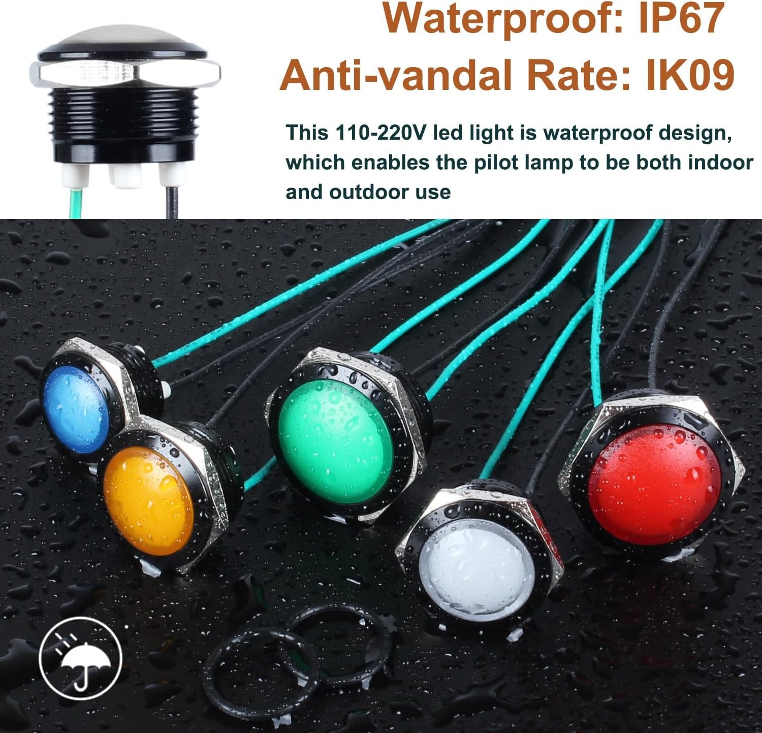 16mm 110VAC 125VAC Metal Indicator Light Waterproof IP67 Single Lamp LED