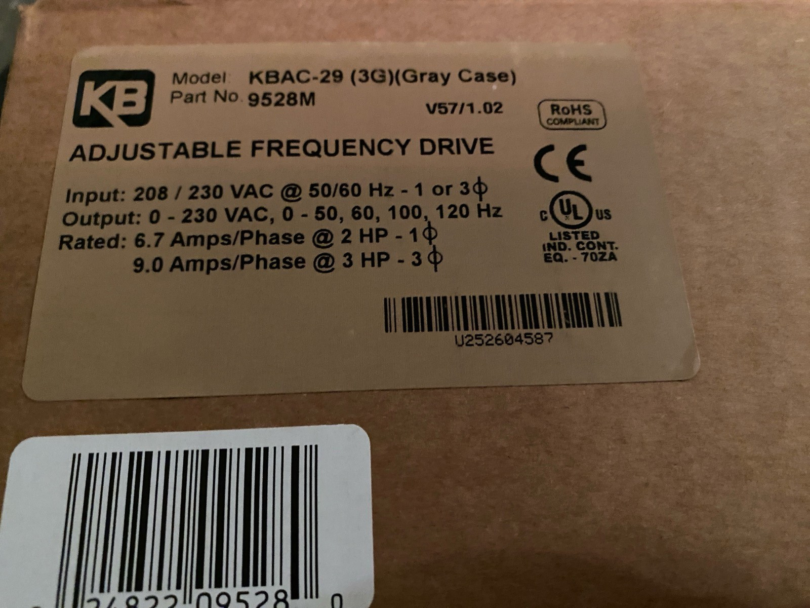 KB Electronics VFD, 1/8-3HP, 9528, Gray 1/3PH 230V 50/60Hz NEMA 4
