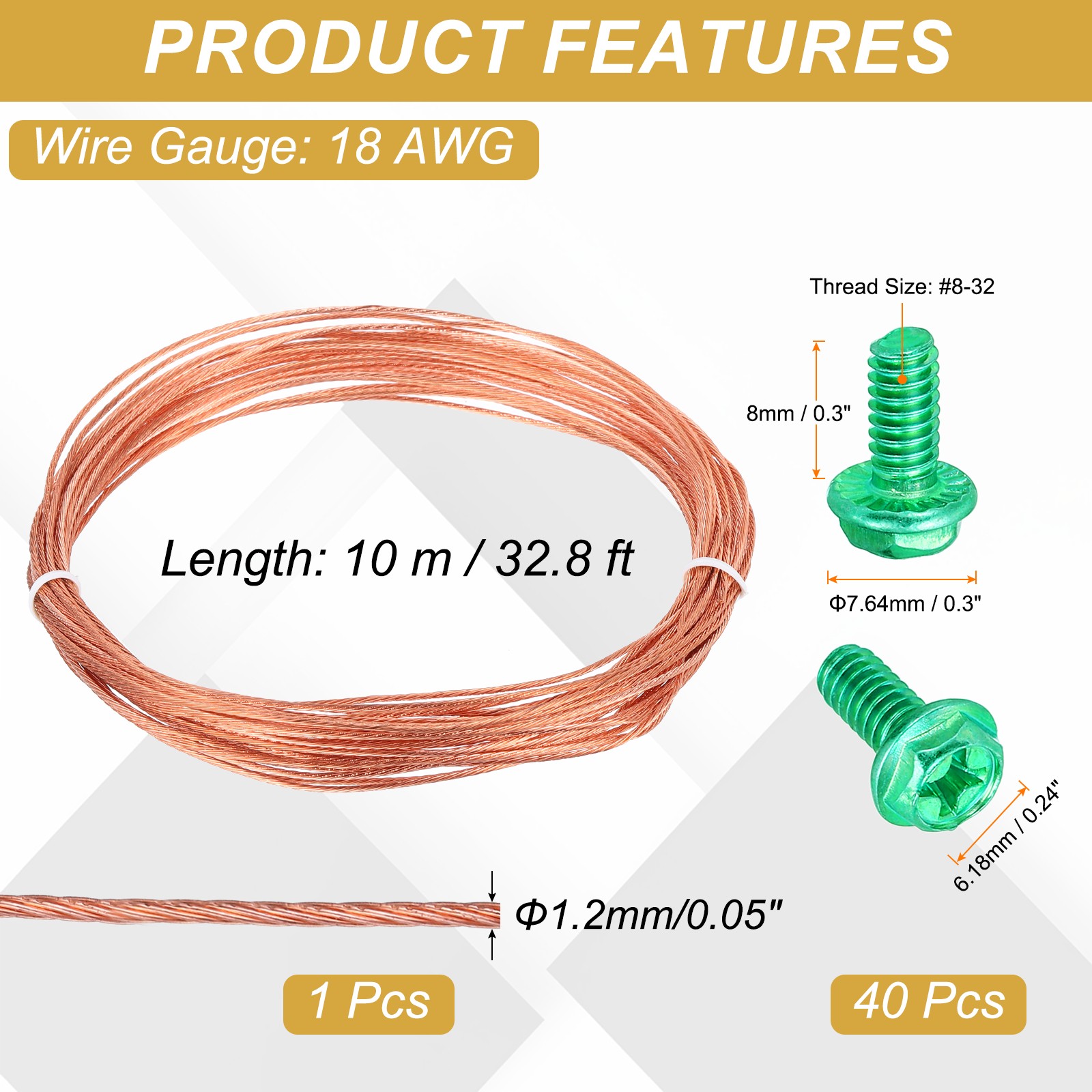 18 Gauge 32.8 ft Bare Copper Ground Wire with 40Pcs #8-32 x 5/16″ Green Screws