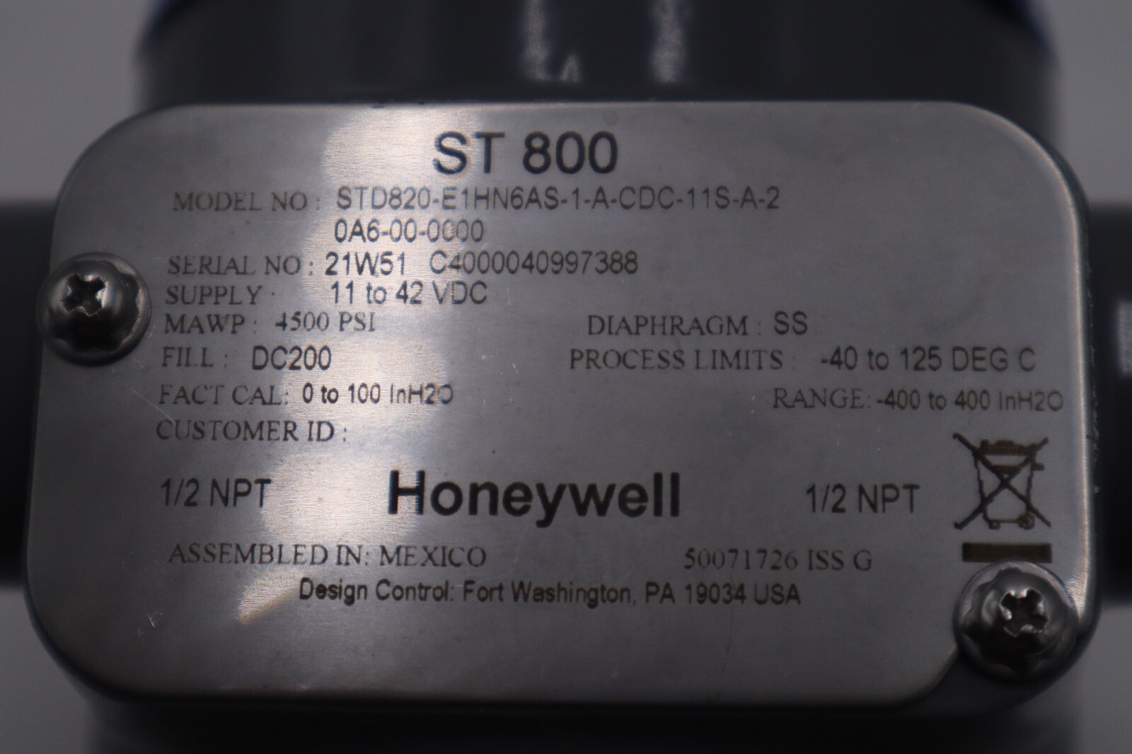 HONEYWELL STD820-E1HN6AS-1-A-CDC-11S-A-20A6-00-0000 / STD820 TRANSMITTER G382A
