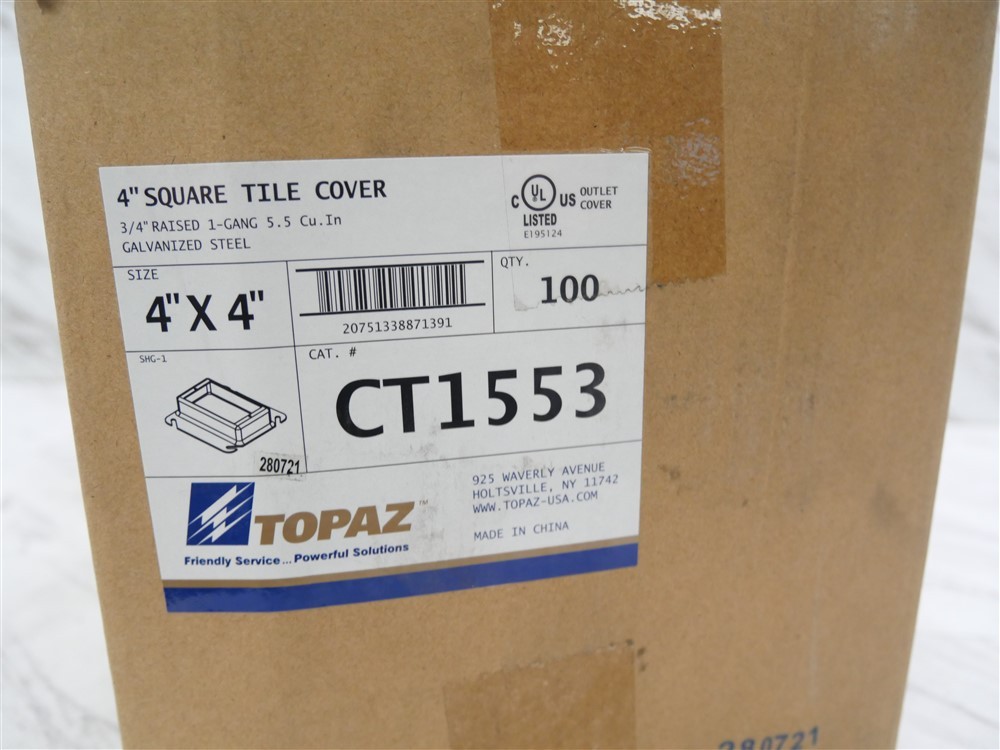 100 ct Topaz CT1553 4″ Square Tile Cover 3/4″ Raised 1-Gang 4″x4″ NEW!