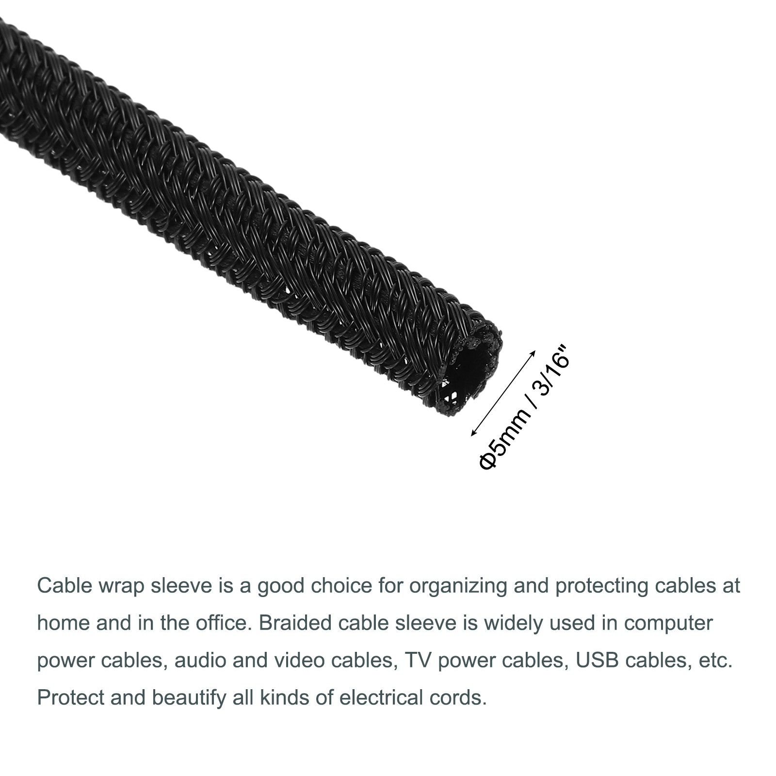 3/16″ 25Ft Self Wrapping Braided Sleeve UL94-V2 Fireproof PET Sleeving, Black