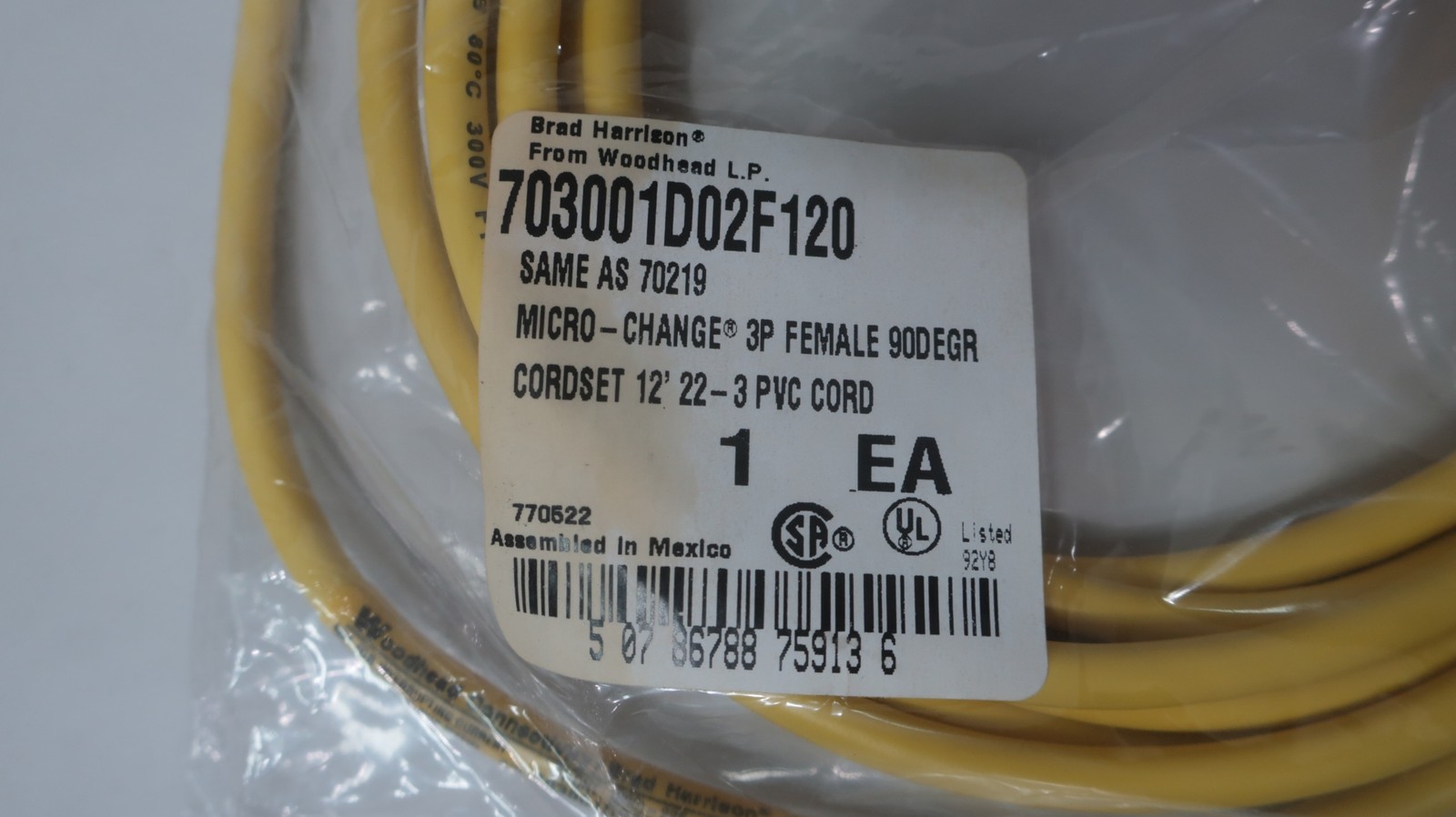Brad Harrison 703001D02F120 Micro-change 3p Female 90deg Cordset Cable 12ft