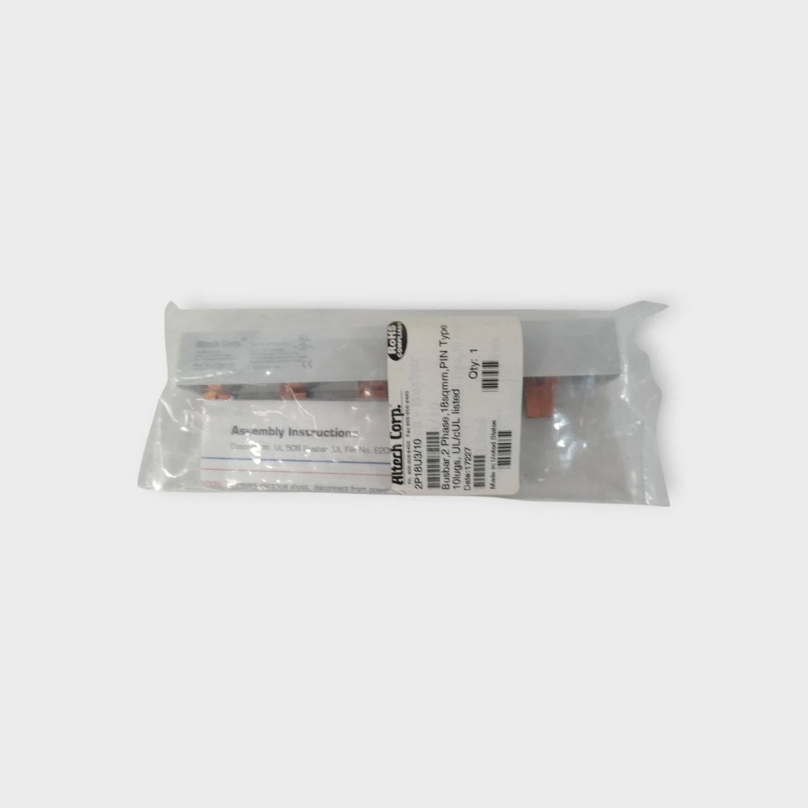 Altech Corp 2P18U3/10 2 Phase Busbar – 10 Lug- 600V 80A- NEW