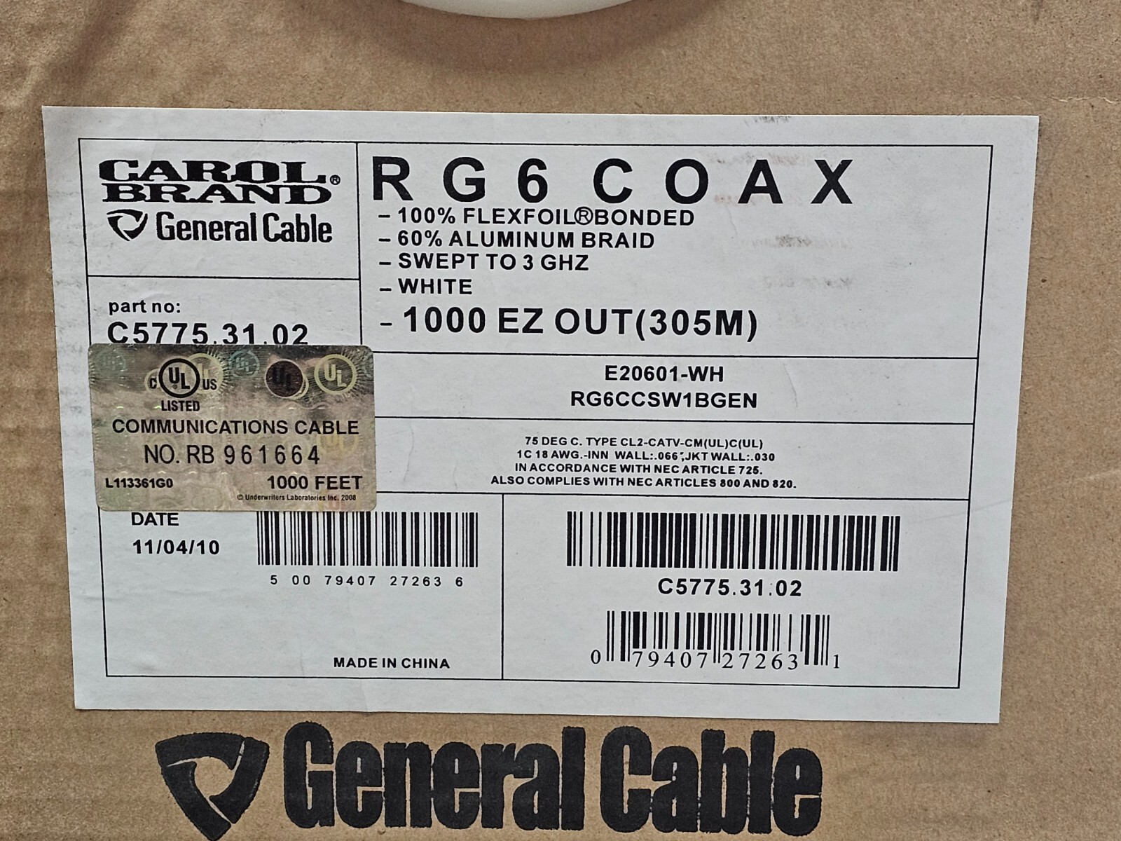 Carol C5775.31.02 1000 ft 1C/18 Rg6/U CM Cable Copper Clad Steel Conductor White