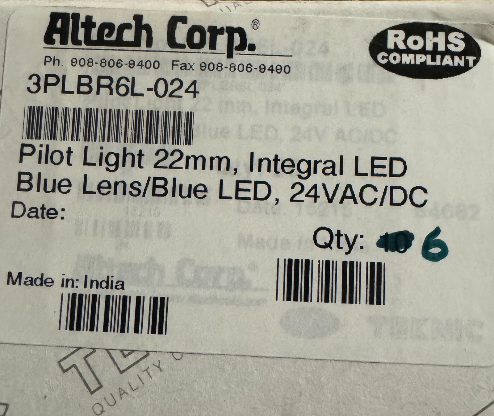 ALTECH CORP. 3PLBR6L-024 BOX OF 6