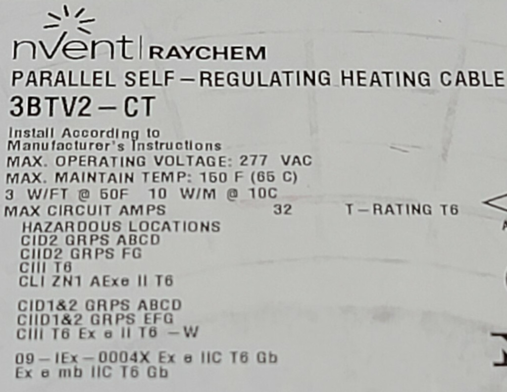nVent Raychem 3BTV2-CT Self-Regulating Heating Cable 3 Watts/Ft 200-277V /1ft