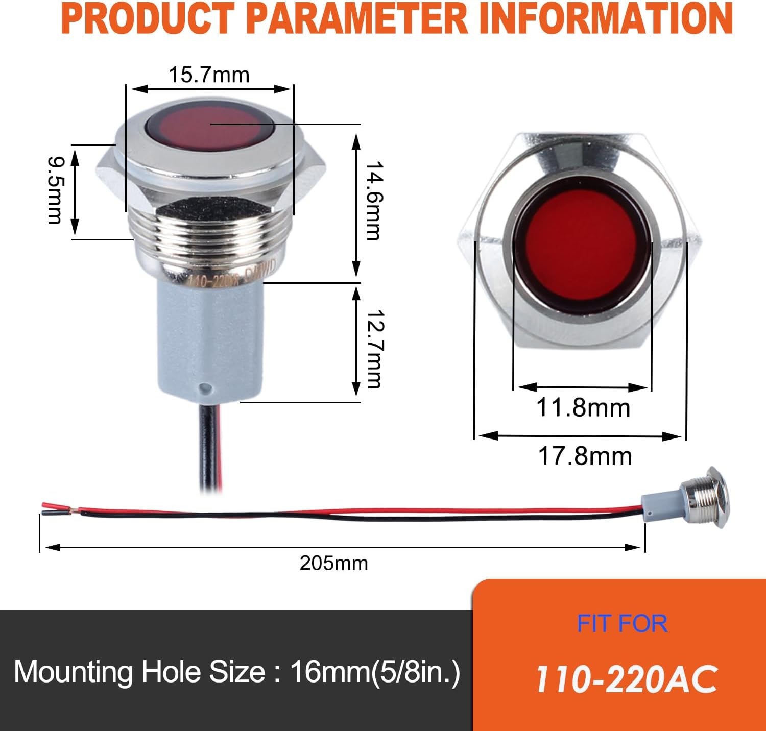 2PCS 16mm Metal 5/8 Mounting Hole Indicator Light