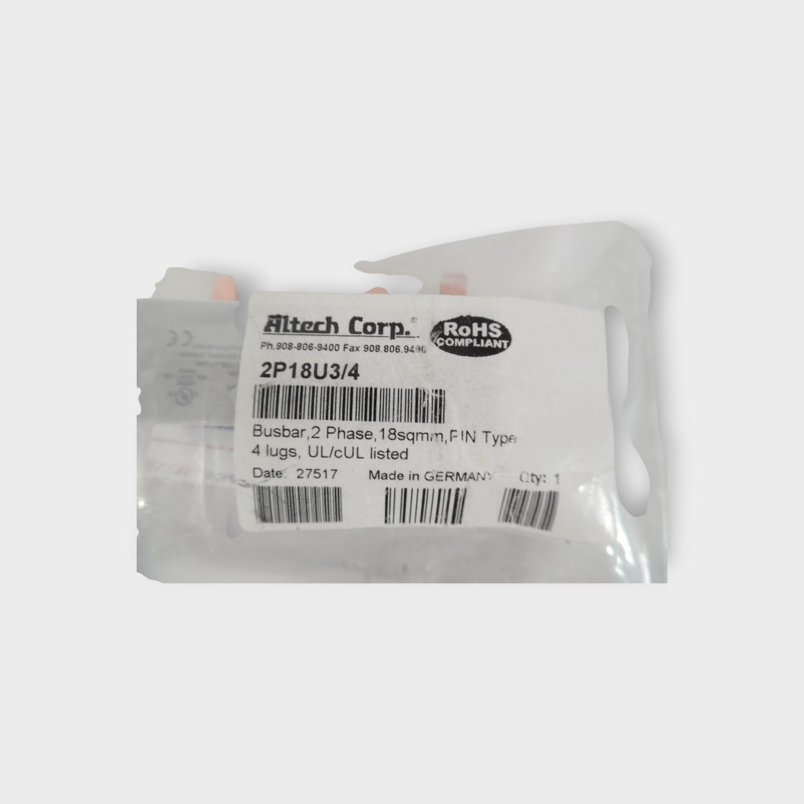 Altech Corp 2P18U3/4 2 Phase Busbar-4 Pin- 480V 80A – NEW