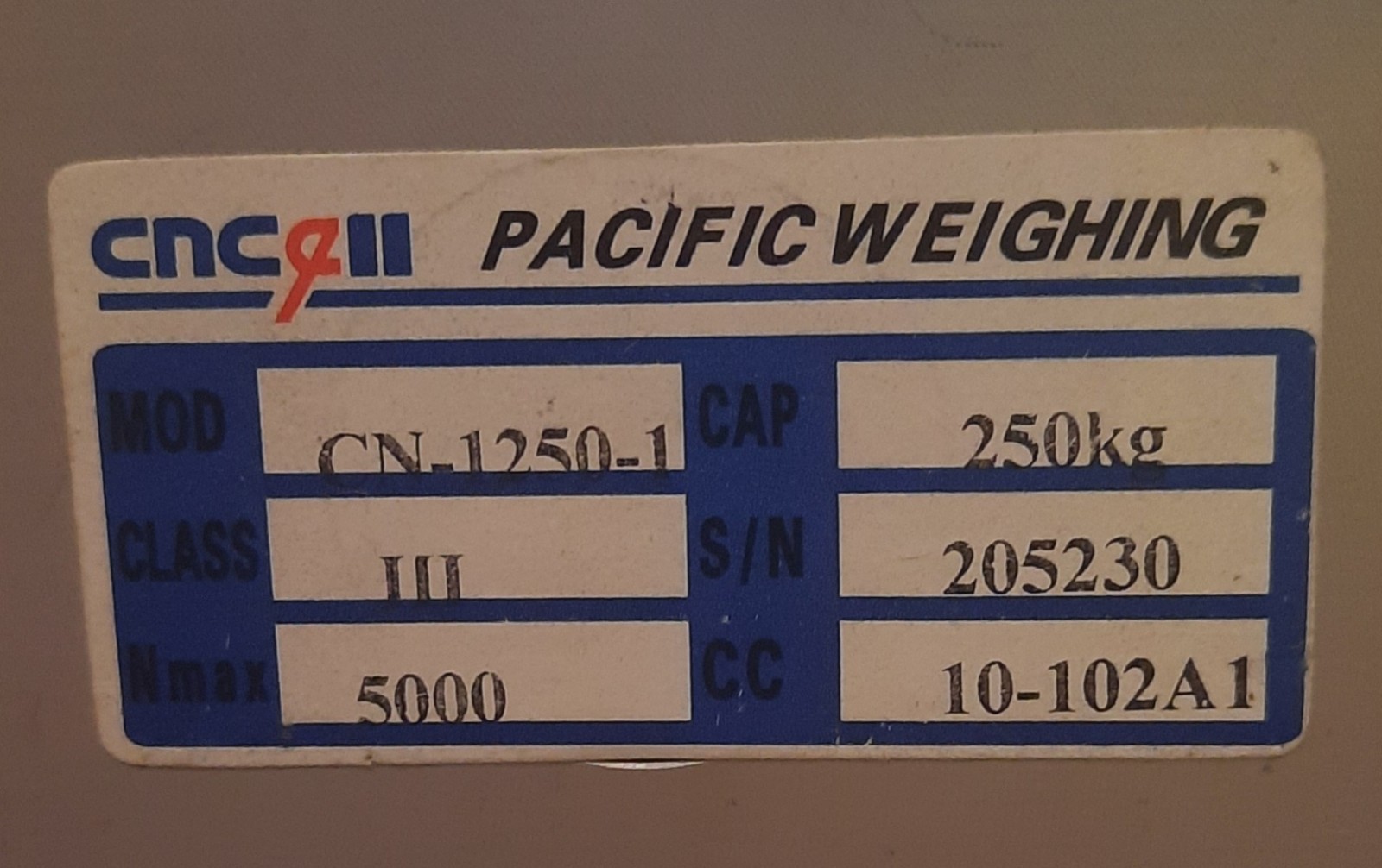 CNC ll Pacific Weighing CN-1250-1, 250kg Load Cell